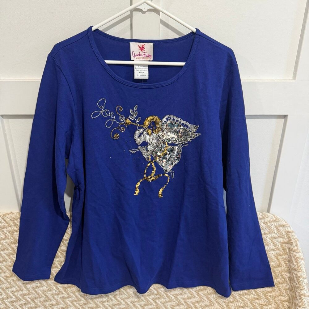 Quaker Factory Women’s Blue Long Sleeve Angel Joy Sequined Shirt